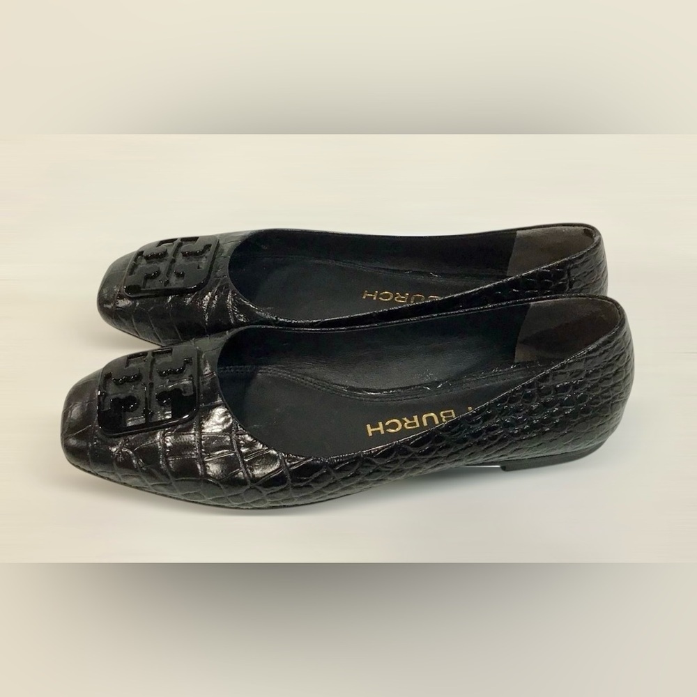 TORY BURCH Luxury Croc black Leather Georgia 25mm Medallion Logo Pumps Size 7M - Picture 4 of 7